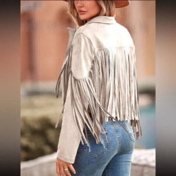 Western Vegan Suede Open Front Fringe Moto Biker Jacket - Picture 2 of 6